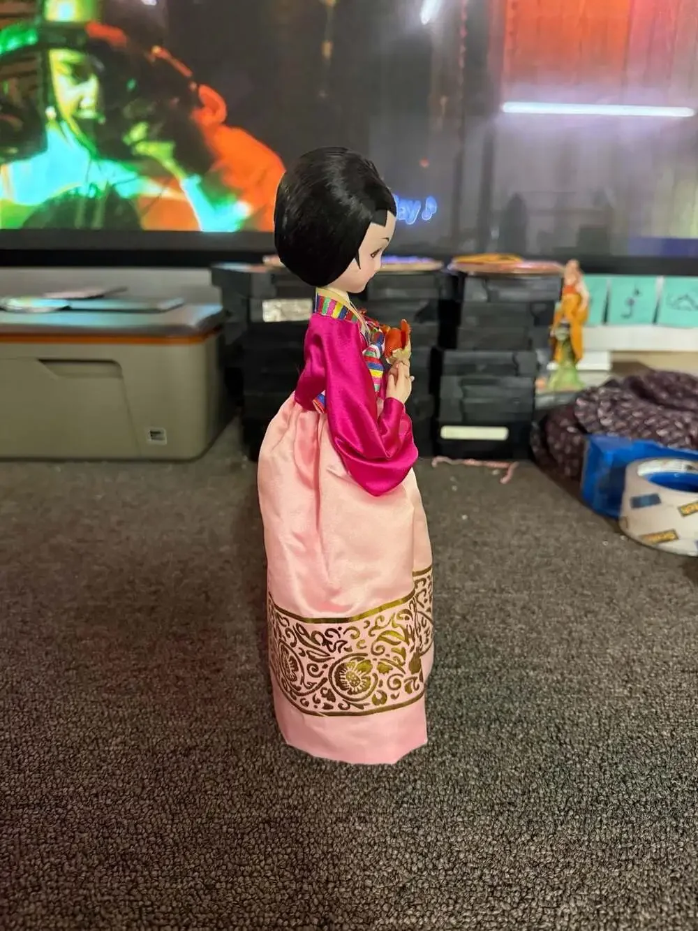 Vintage Traditional Korean Hanbok Doll with Big Eyes on Display Base